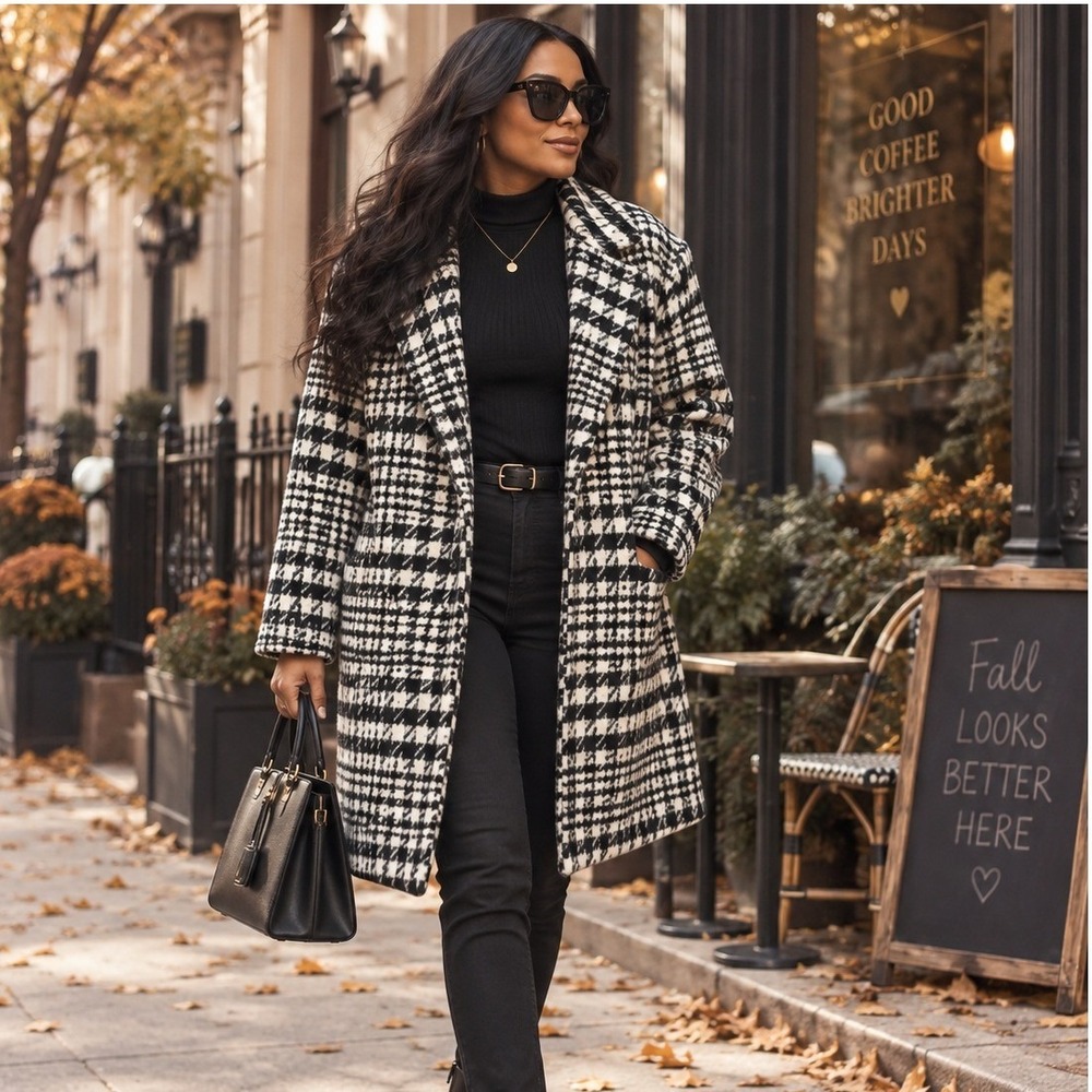 Ashley Stewart Houndstooth Wool Blend Coat Black White Plus Size 18/20 Notched